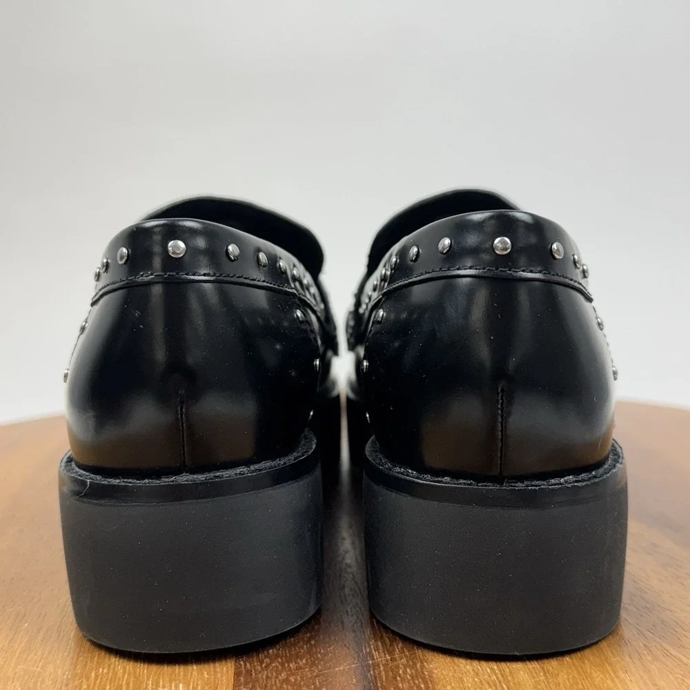New NWOB Womens Tory Burch Mini Everly Black Leather Studded Chunky Loafers SZ 6